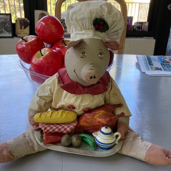 CHRISTMAS PIG CHEF 1999 23" Handpainted Paper Mache  Stuffed Display Doll RARE - Picture 1 of 11